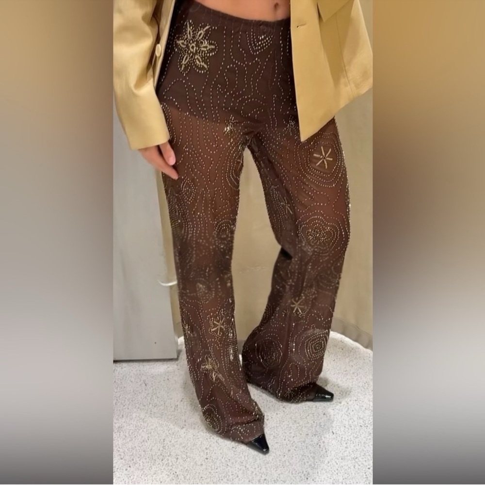 NWT ZARA Chocolate Beaded Semi‑Sheer Mid‑Rise Sequin Pants Trend Piece